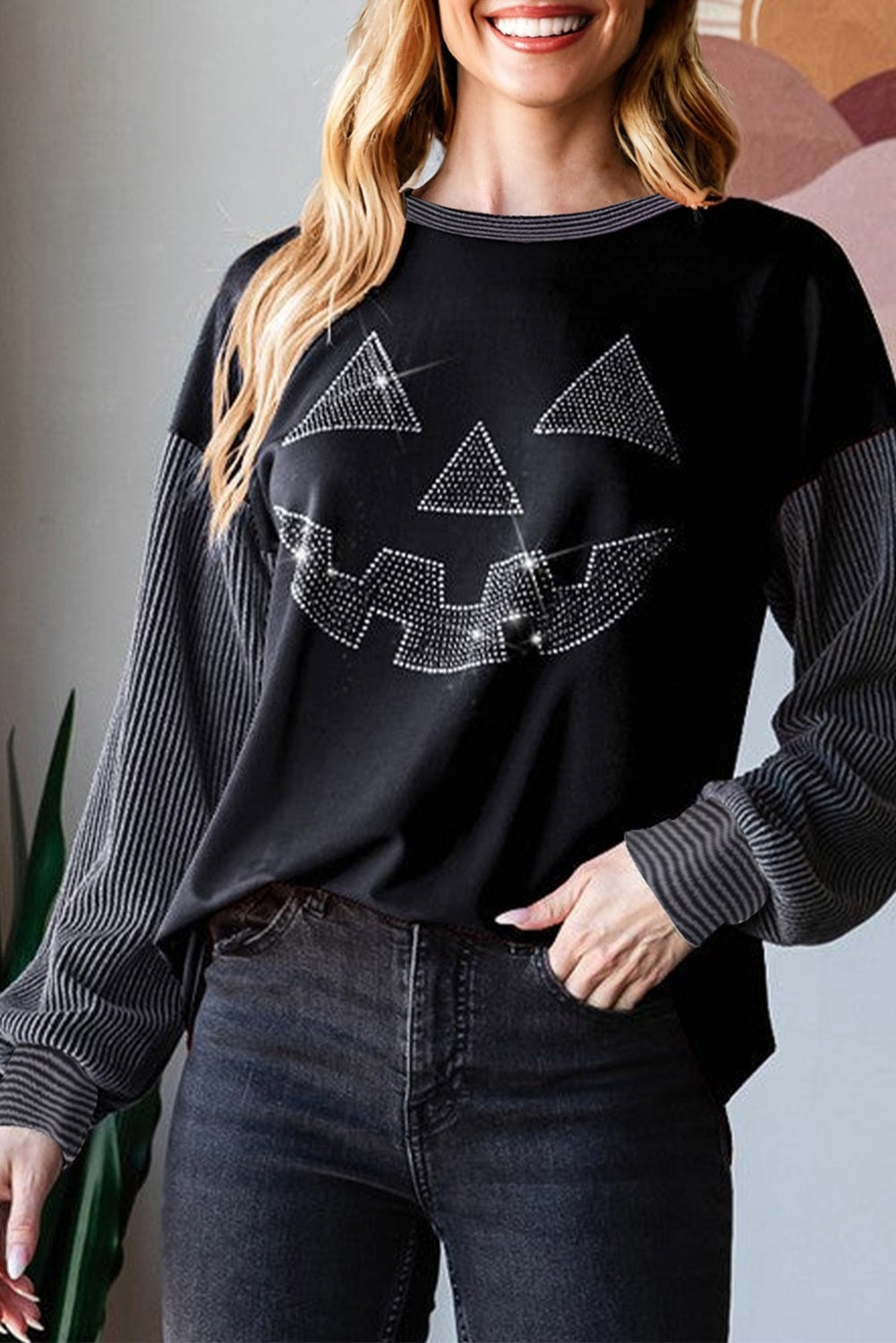 Black Embellished Jack-o-lantern Pumpkin Long Sleeve Top