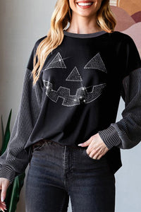 Black Embellished Jack-o-lantern Pumpkin Long Sleeve Top
