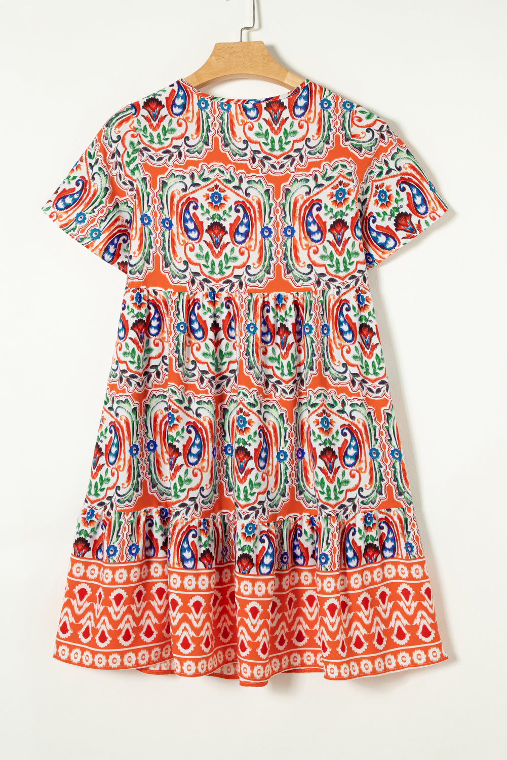 Orange Bohemian Print Tie Neck Ruffled Mini Dress