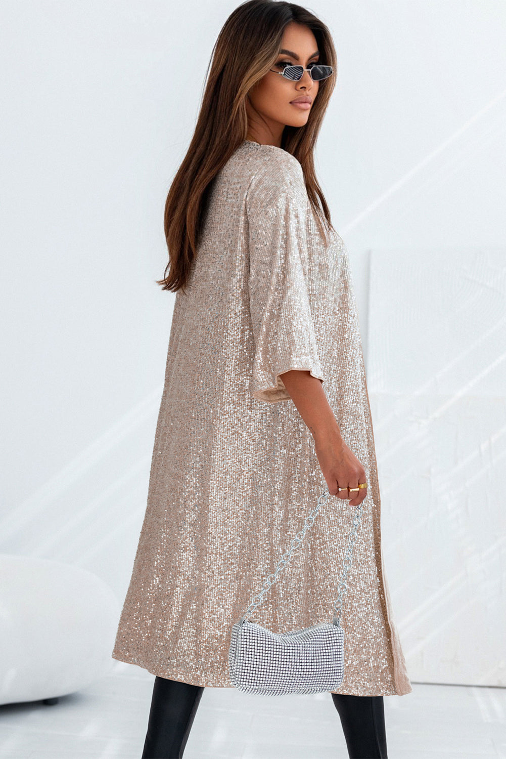 Champagne Sequin 3/4 Sleeve Open Front Duster Kimono