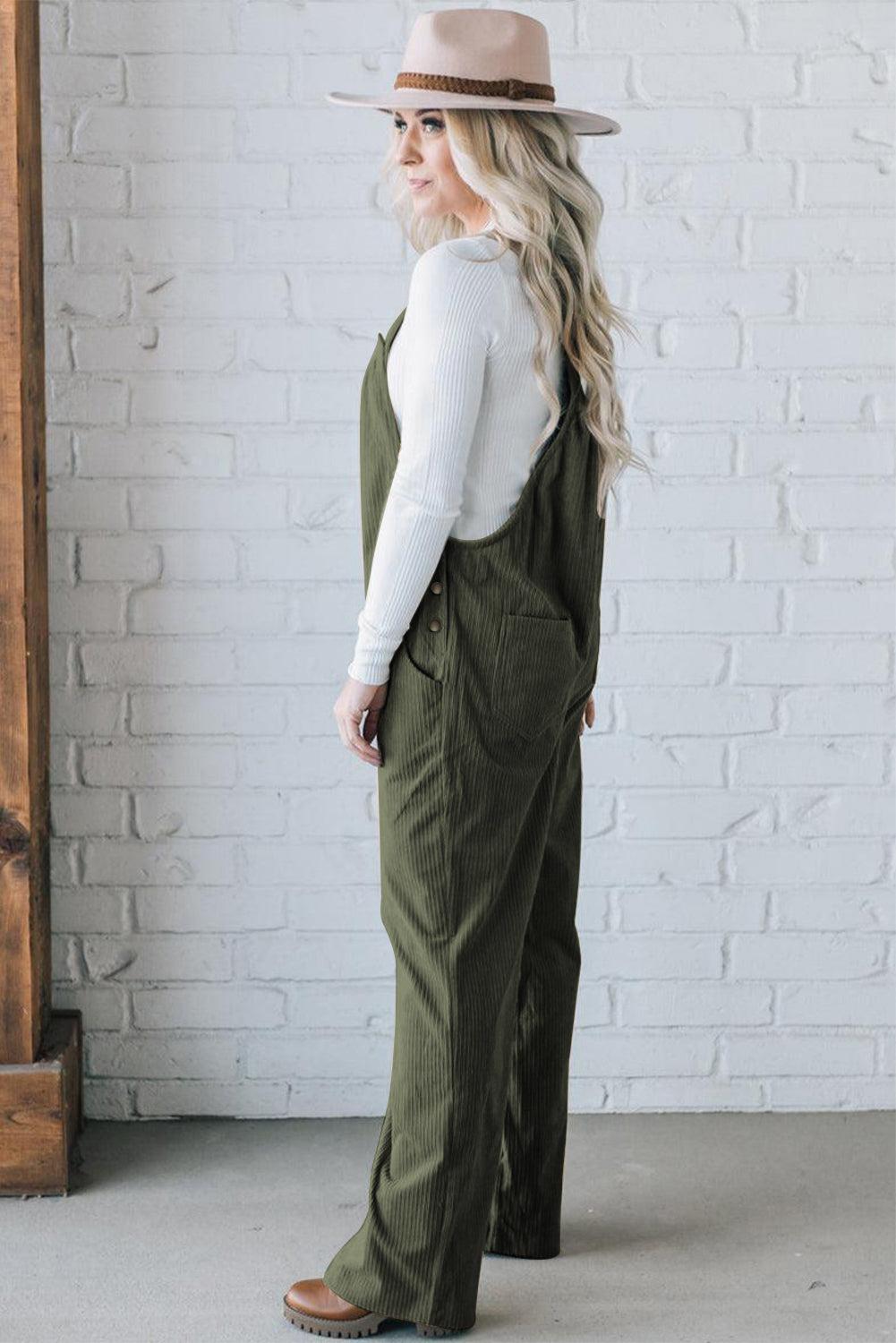 Forest Green Khaki or Black Solid Pocketed Loose Fit Corduroy Overalls