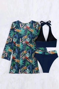 Multiple Colored Tropical Print 3Pc. Halter Bikini Set with Cover up