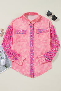 Pink Mineral Wash Sequin Color Block Chest Pocket Waffle Knit Shacket