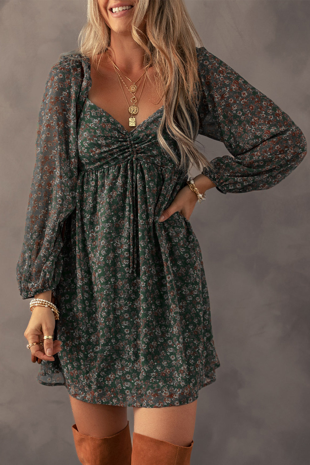 Dark Green Floral Print Sweetheart Neck Shirred Back Mini Dress