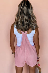 Pink Knotted Tie Shoulder Straps Racerback Denim Romper with Pockets