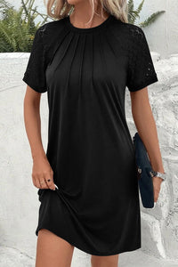 Contrast Lace Raglan Sleeve Pleated Detail Shift Dress
