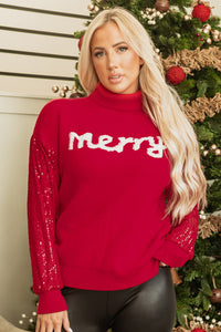 Red Sequined Sleeve White Merry Graphic Turtleneck Sweater