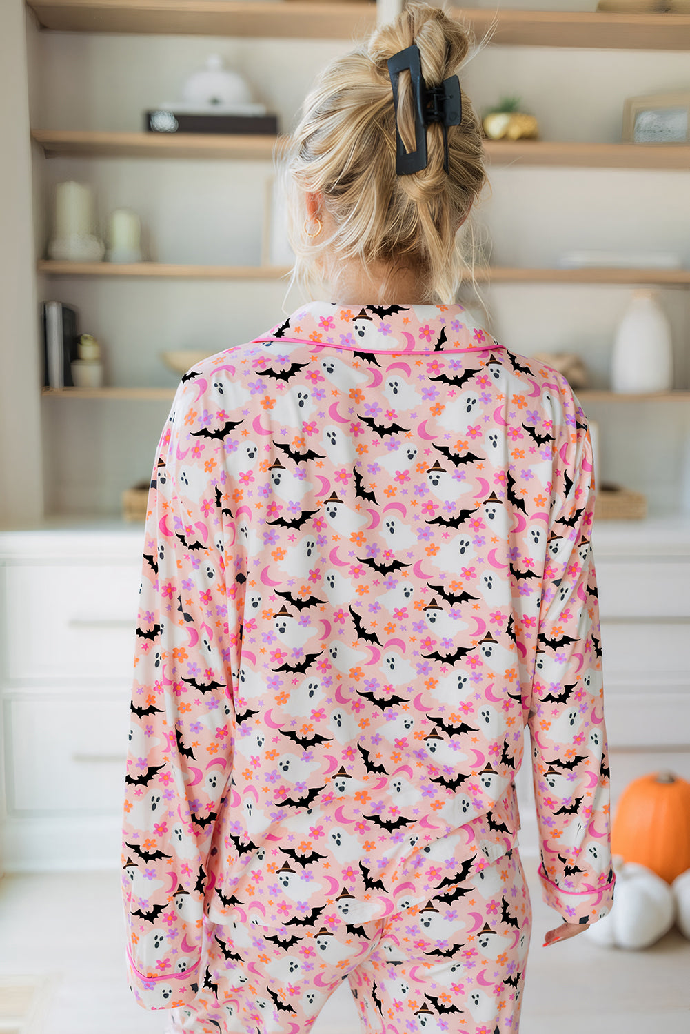 Pink Floral Halloween Ghost and Bat Print Pajama Set