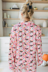 Pink Floral Halloween Ghost and Bat Print Pajama Set