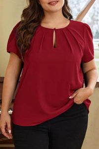 Red Keyhole Pleated Crew Neck Plus Size Short Sleeve Blouse