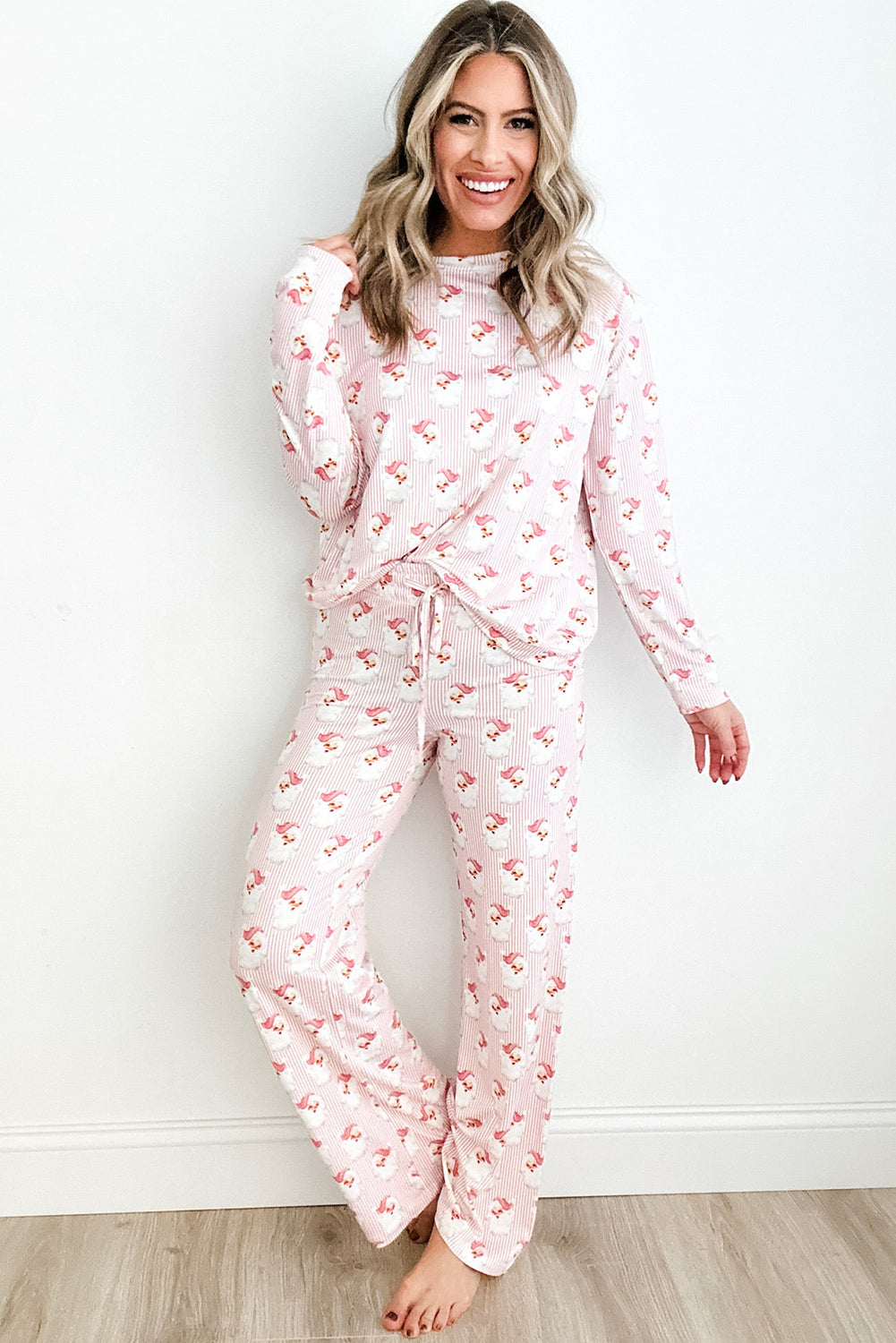 Pink Santa Claus Print Long-sleeve Top & Pants  Lounge Set