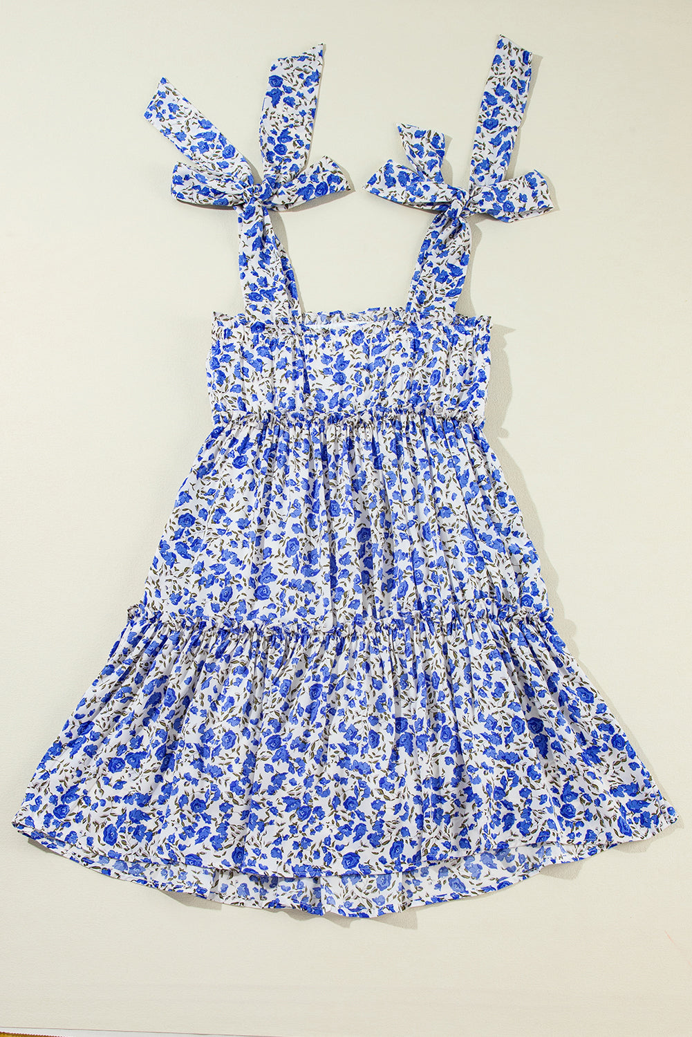 Blue Mini Floral Adjustable Shoulder Strap Tiered Babydoll Dress