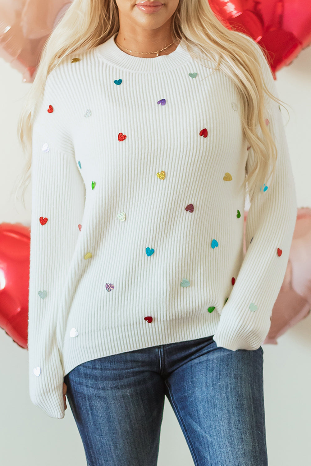 White Multicolored Shiny Heart Accented Ribbed Knit Neck Sweater