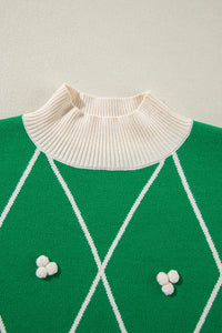 Green Diamond Pattern Pom Pom Accents Mock Neck Sweater