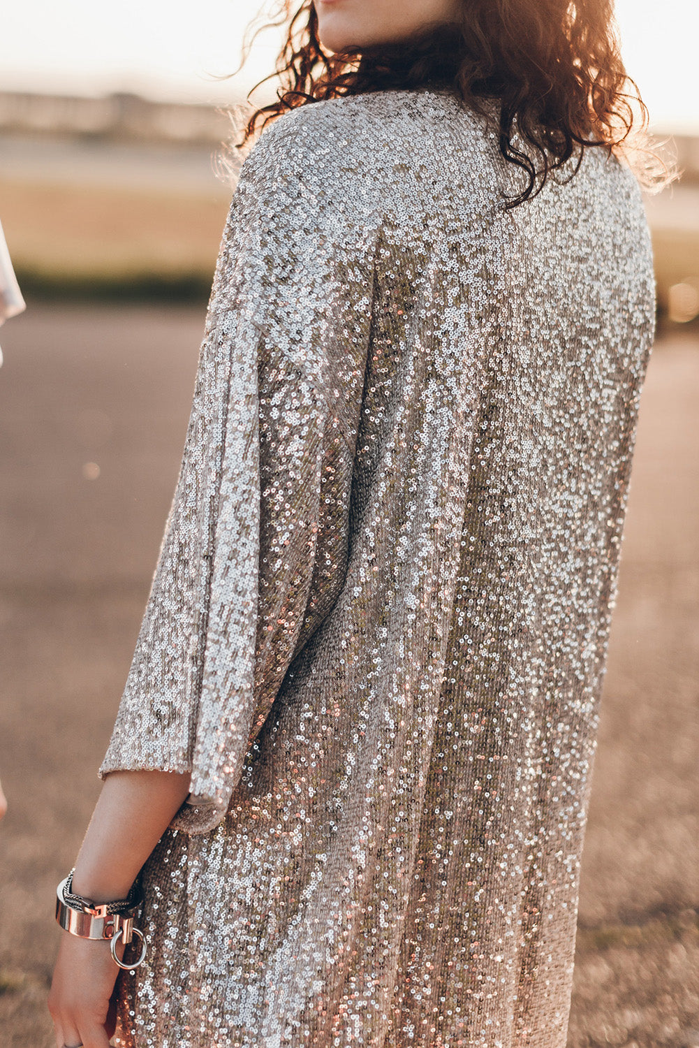 Champagne Sequin 3/4 Sleeve Open Front Duster Kimono