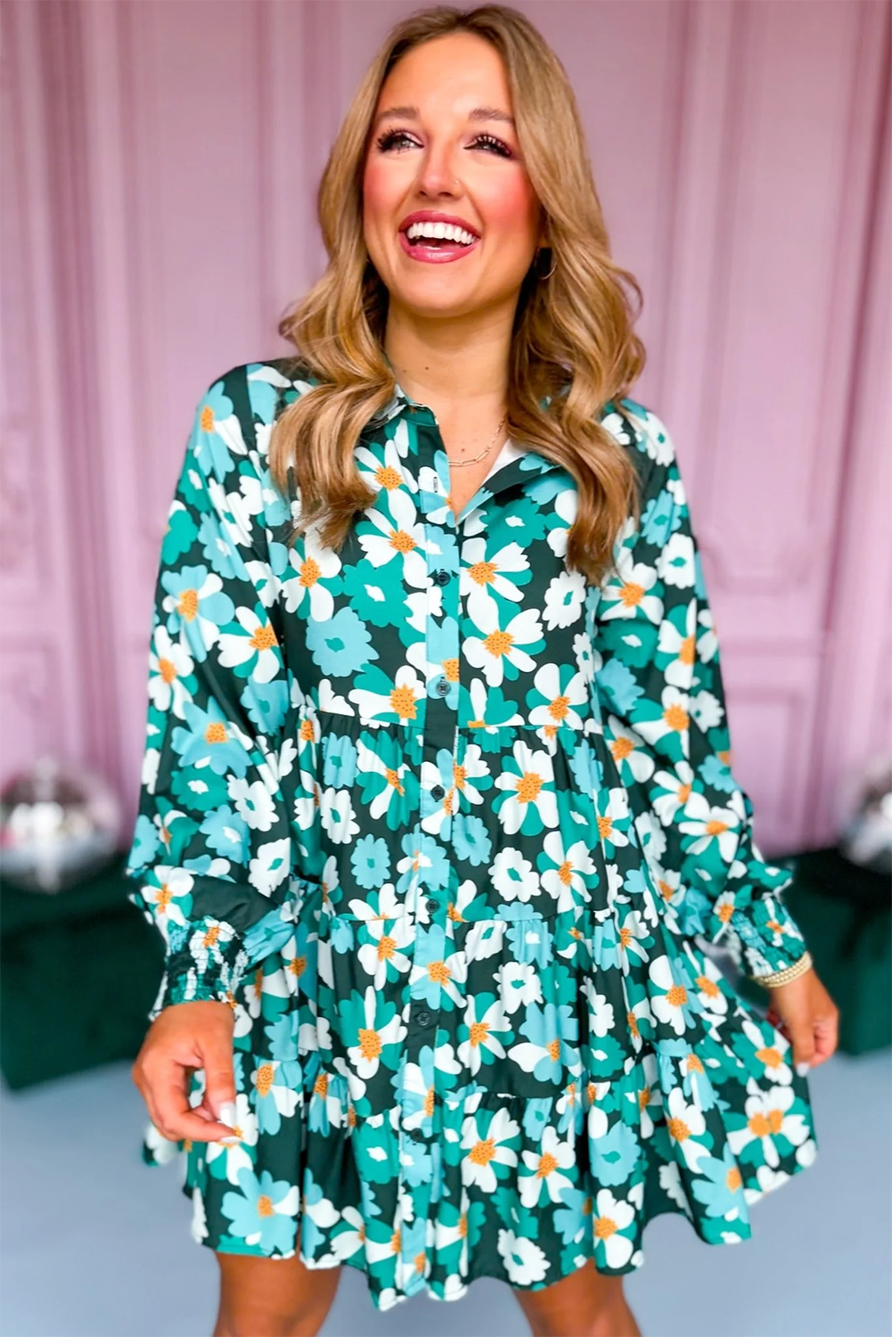 Green Floral Tiered Long Puff Sleeve Button Down Dress