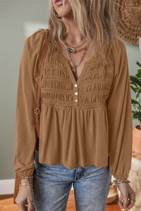 Dark Beige Smocked Split Buttoned V-Neck Babydoll Blouse