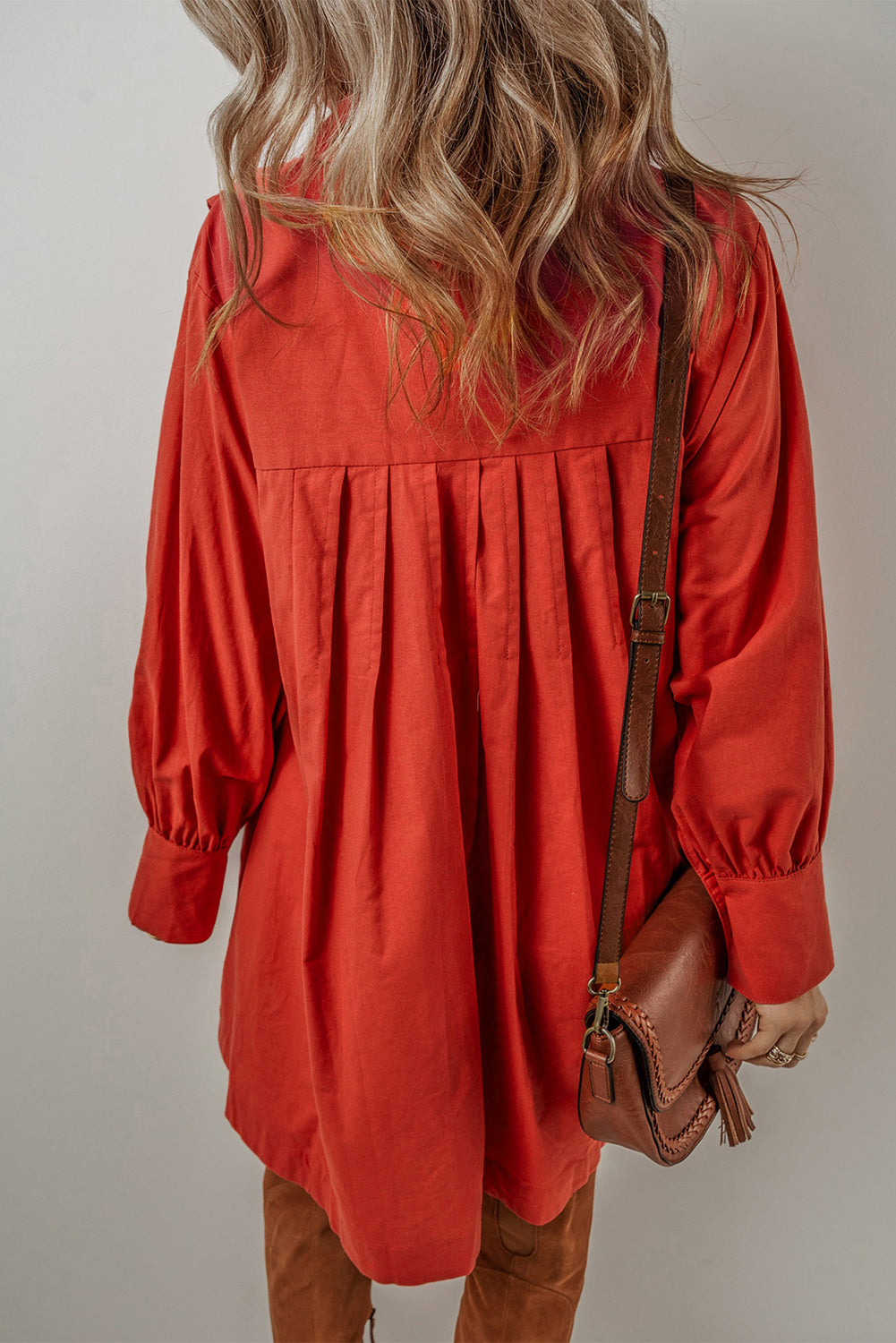 Rustic Red Bishop Sleeve Button Up Pleated Cotton Linen Mini Shirt Dress