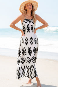 White and Black Western  Aztec Printed Strappy Maxi Sundress