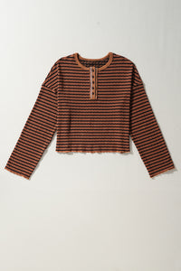 Brown Stripe Textured Henley Long Sleeve Top