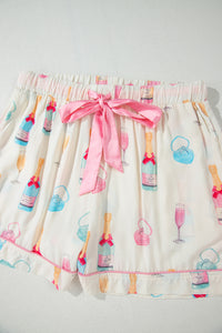 White Wine Glass Print & Pink Bow Ties Shorts Pajama Set