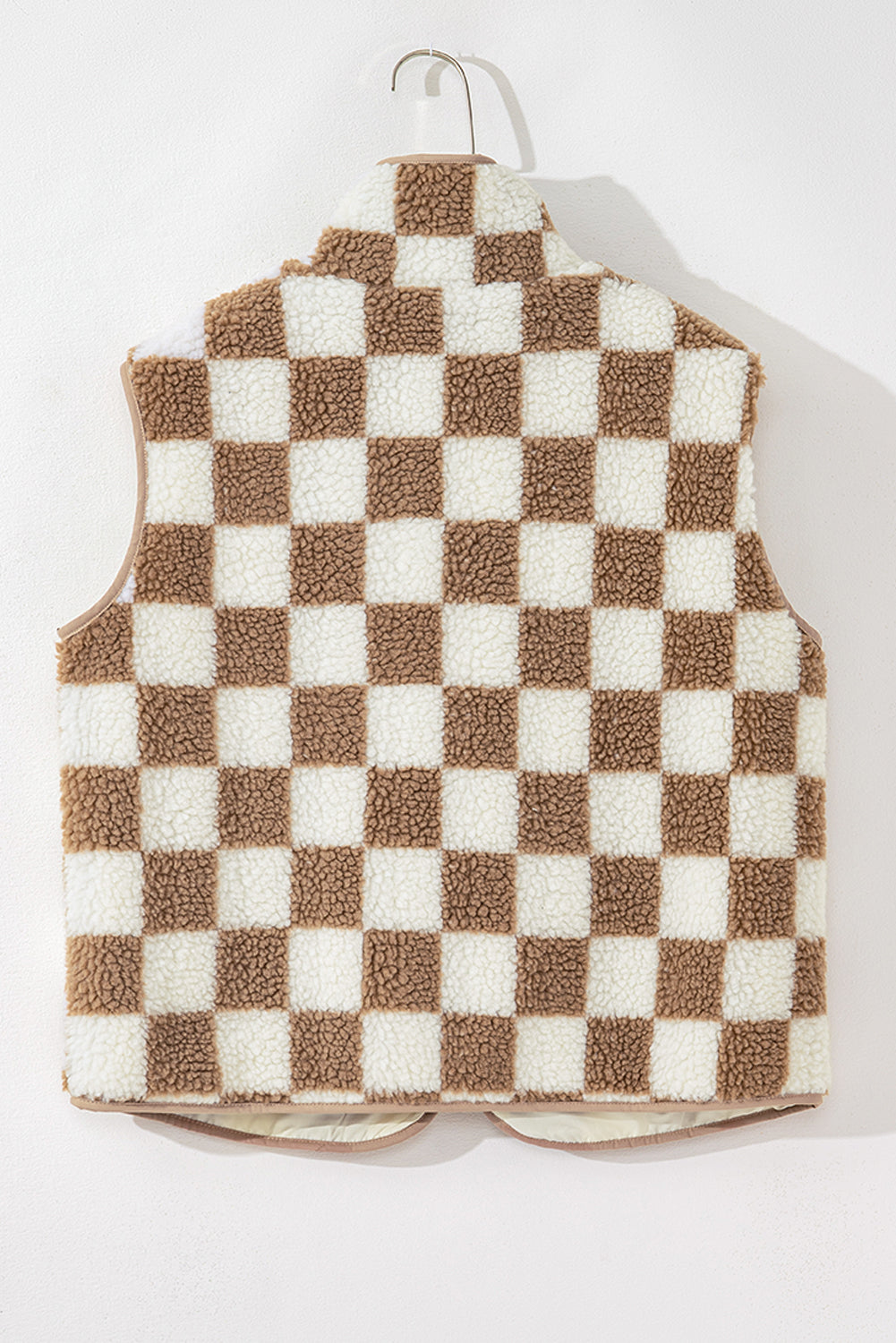 Brown & Cream Checkered Zip Up Sherpa Vest w/Zip Chest Pocket