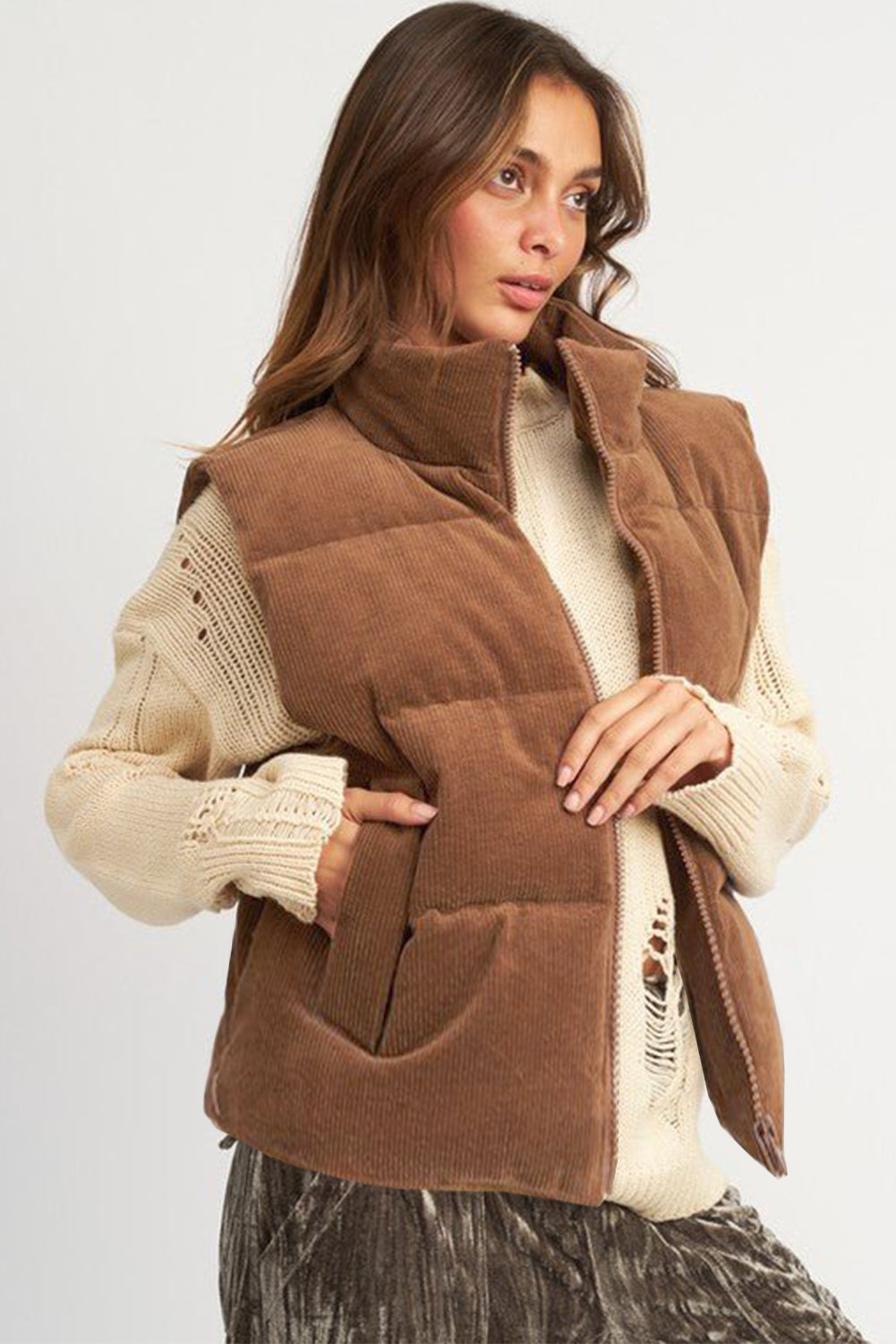 Light Brown Corduroy Stand Up Collar Zipped Puffer Vest