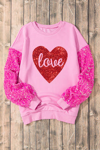 Pink Sequined Love Heart Long Sleeve Pullover