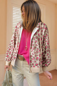 Fuchsia and Khaki Leopard Print Full Zip Front Pockets Hoodie