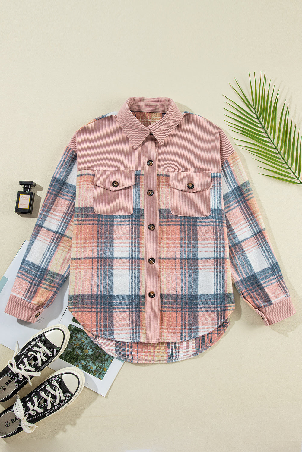 Light Pink & Blue Plaid Corduroy Color-block Chest Pockets Heavyweight Button-down Shirt