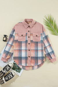 Light Pink & Blue Plaid Corduroy Color-block Chest Pockets Heavyweight Button-down Shirt