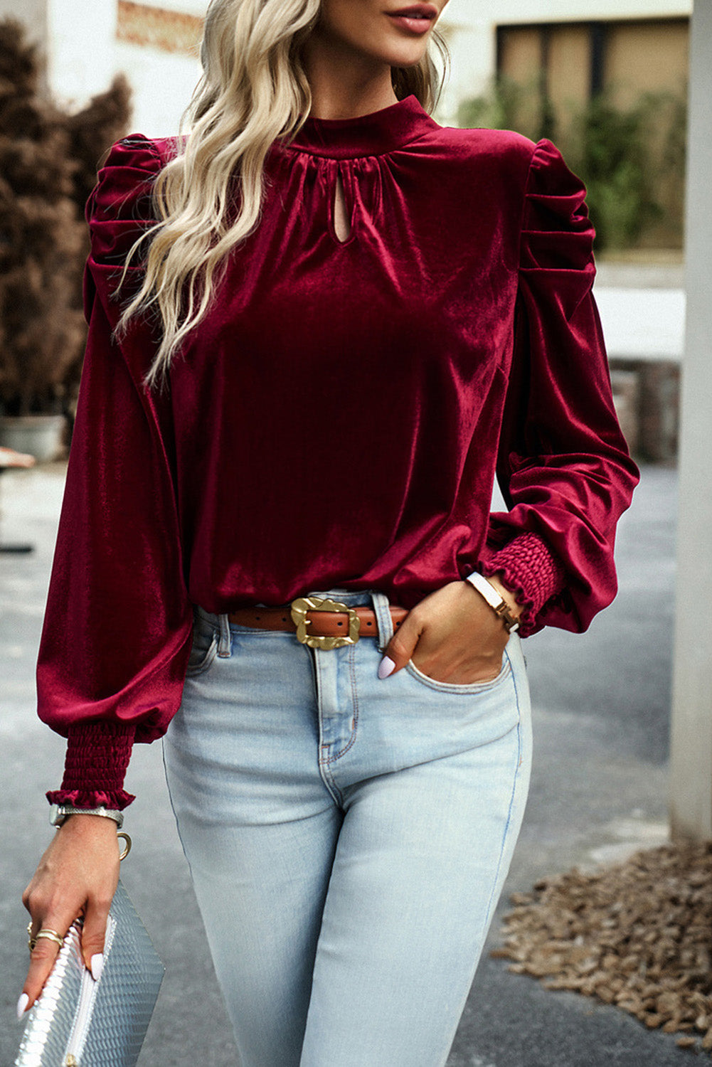 Burgundy Tie Back Neck Ruffled Sleeve Velour Blouse