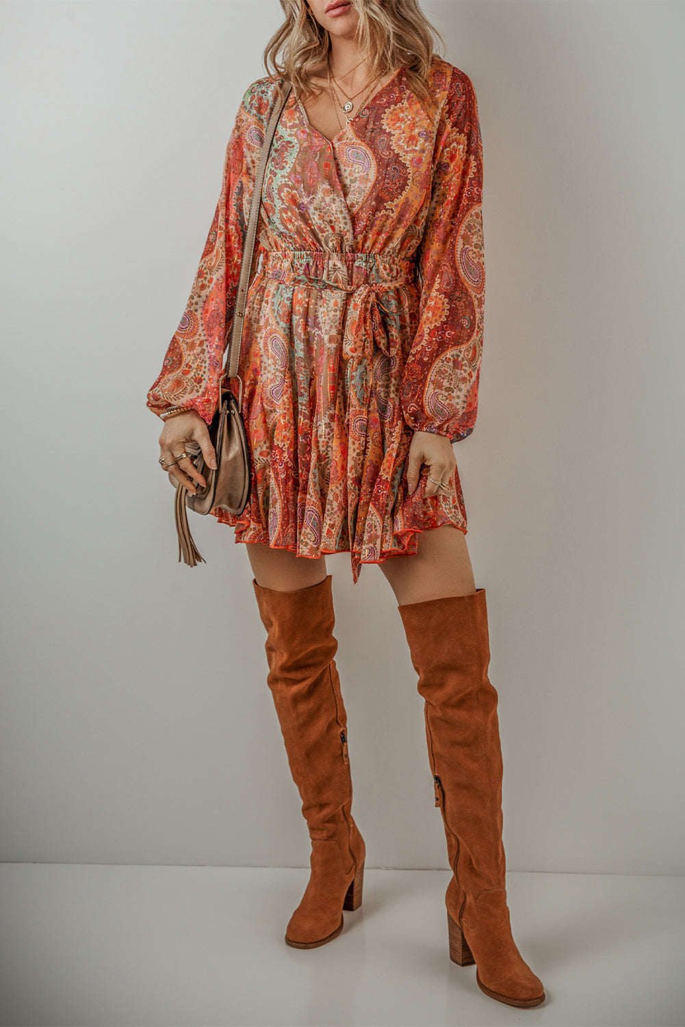 Orange Boho Paisley Print Long Sleeve Pleated Tie Waist Mini Dress