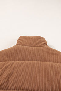 Light Brown Corduroy Stand Up Collar Zipped Puffer Vest