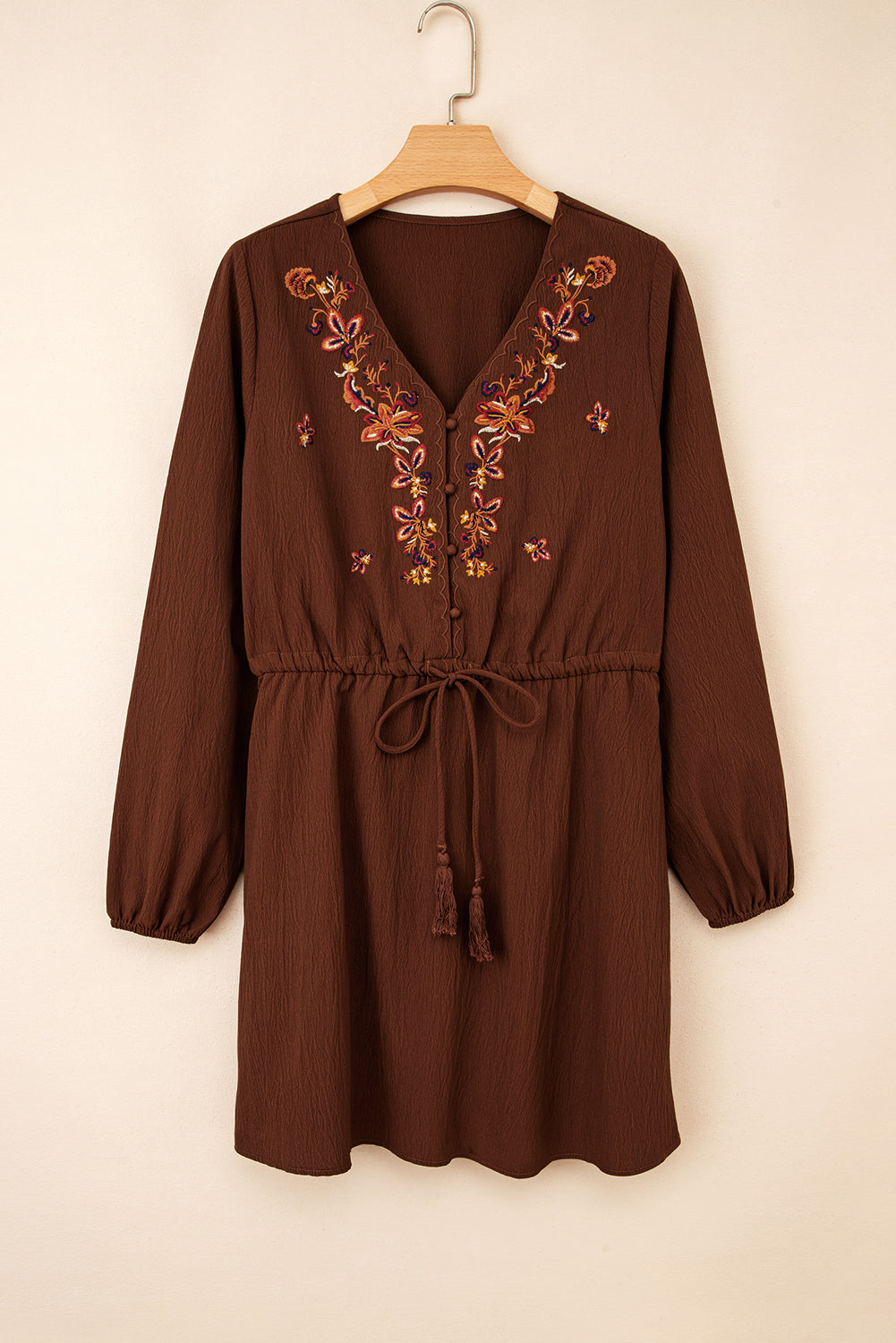 Brown Rust Floral Embroidered Tassel Tie Waist Long Sleeve Mini Dress