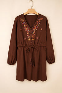 Brown Rust Floral Embroidered Tassel Tie Waist Long Sleeve Mini Dress