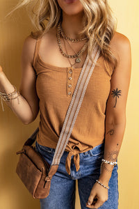 Warm Mustard Ribbed Front Tie Button Strappy Tank