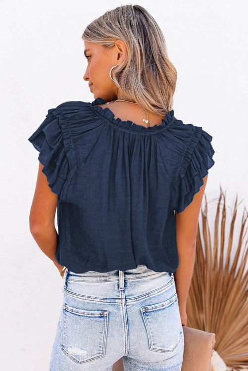 Navy Blue Ruffly Cap Sleeve Textured Blouse