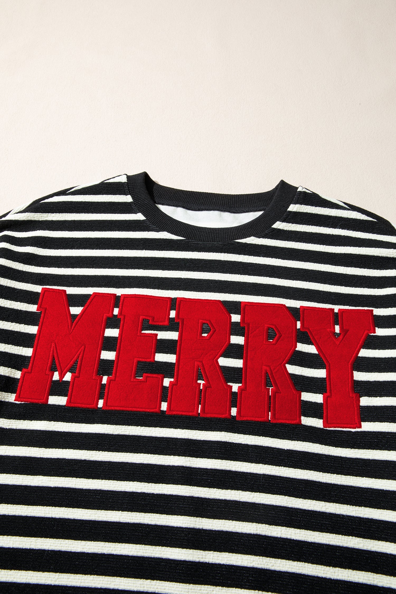 Black Stripe Red MERRY Appliqué Christmas Drop Shoulder Sweatshirt
