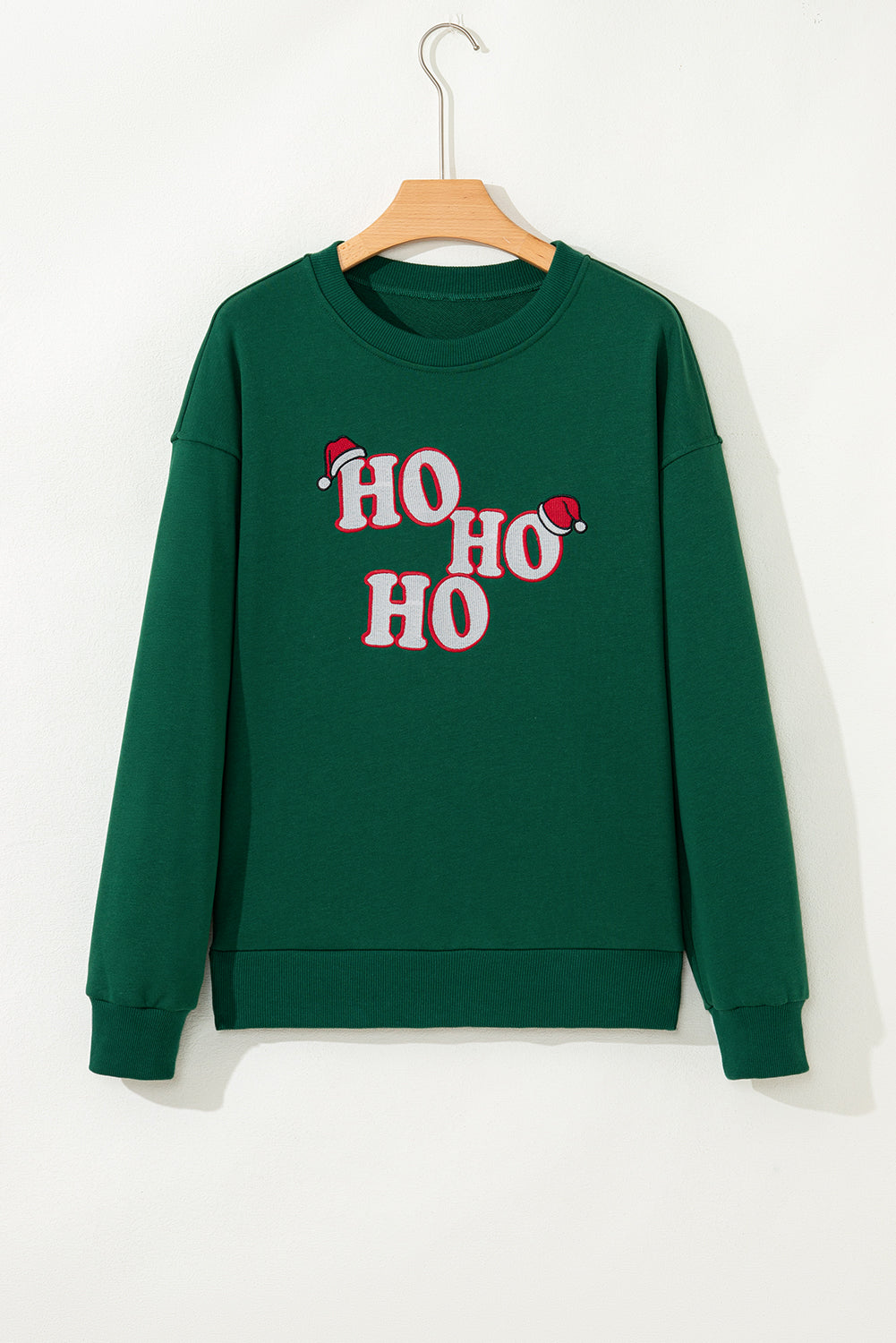 Christmas Green Embroidered HO HO HO Graphic Crewneck Sweatshirt