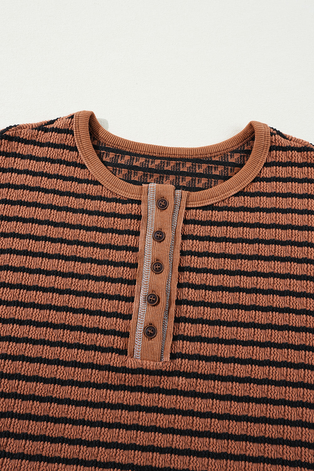 Brown Stripe Textured Henley Long Sleeve Top