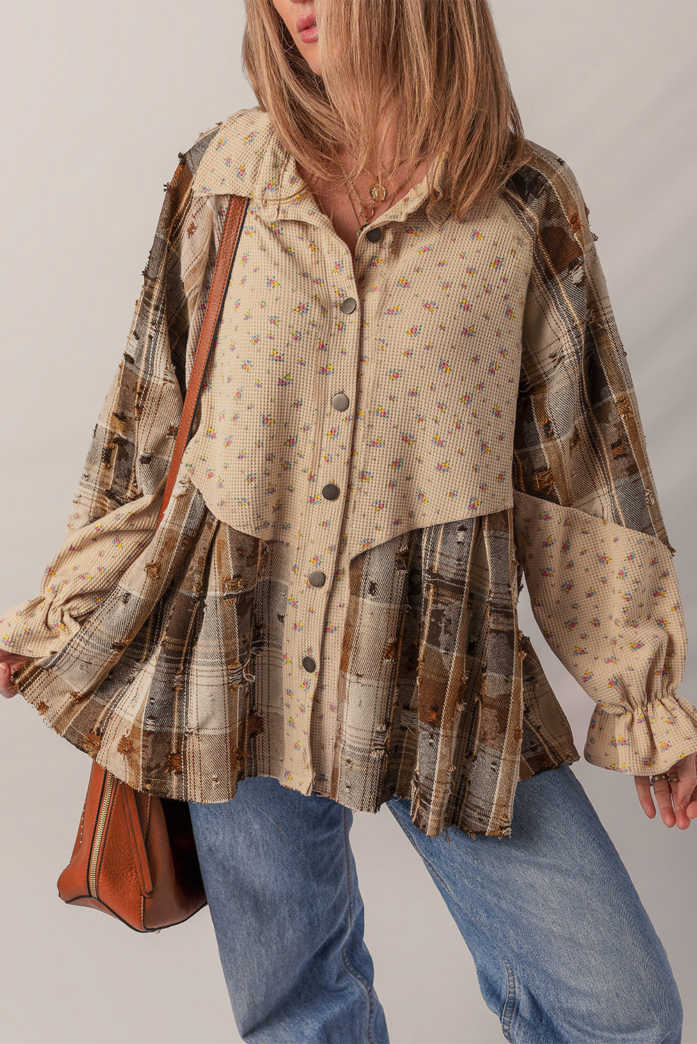 Brown and Beige Mini Floral Plaid Patchwork Distressed Ruffly Waffle Knit Shacket