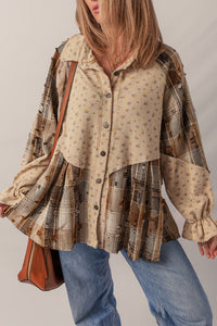 Brown and Beige Mini Floral Plaid Patchwork Distressed Ruffly Waffle Knit Shacket