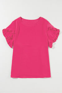 Bright Pink Ruffled Short Sleeve Textured Plus Size Top