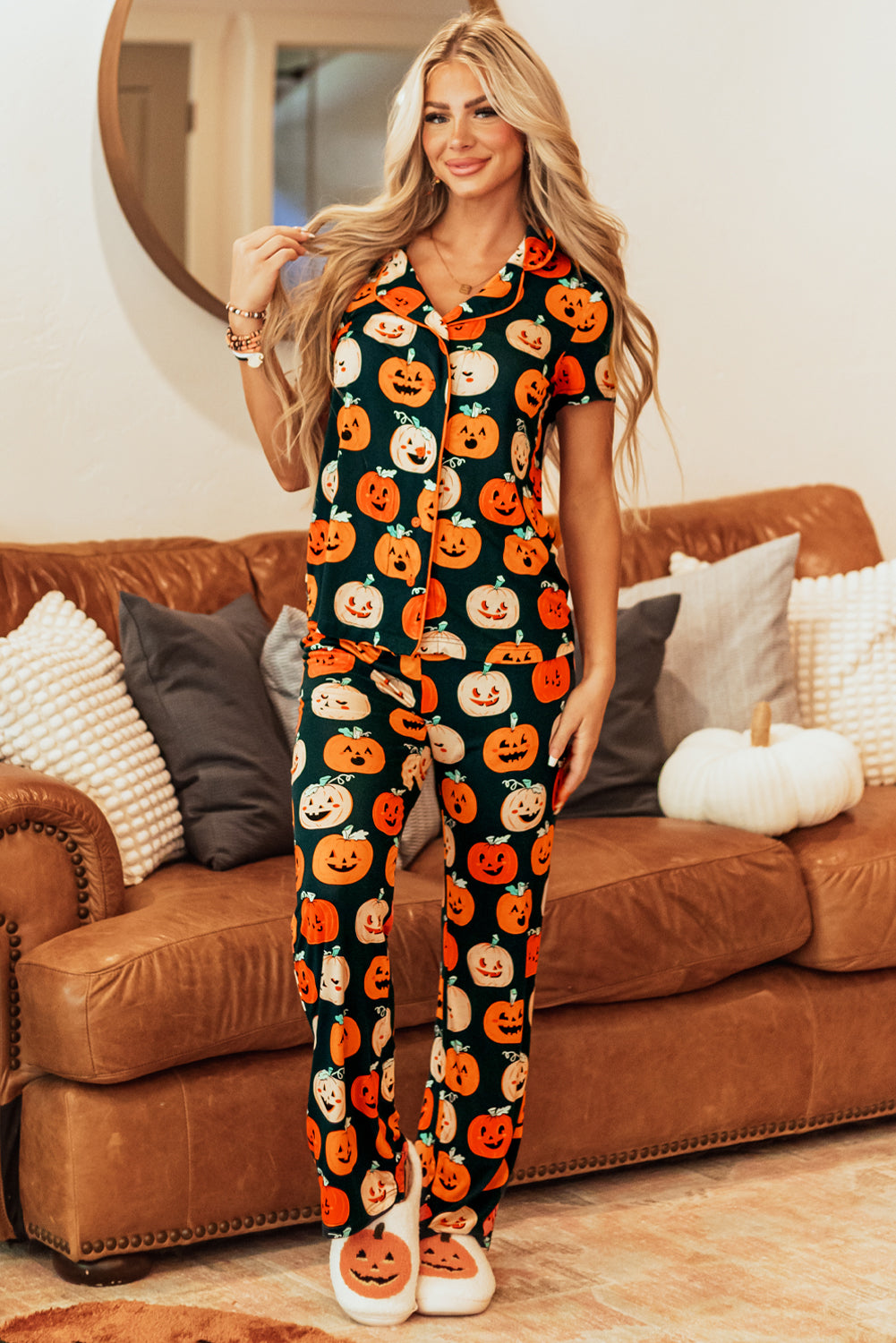 Black with Orange Pumpkins Print Short Sleeve Shirt & Pants Pajama Set