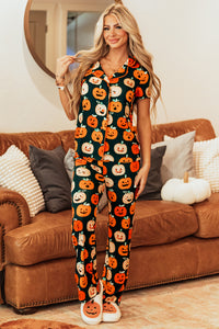 Black with Orange Pumpkins Print Short Sleeve Shirt & Pants Pajama Set