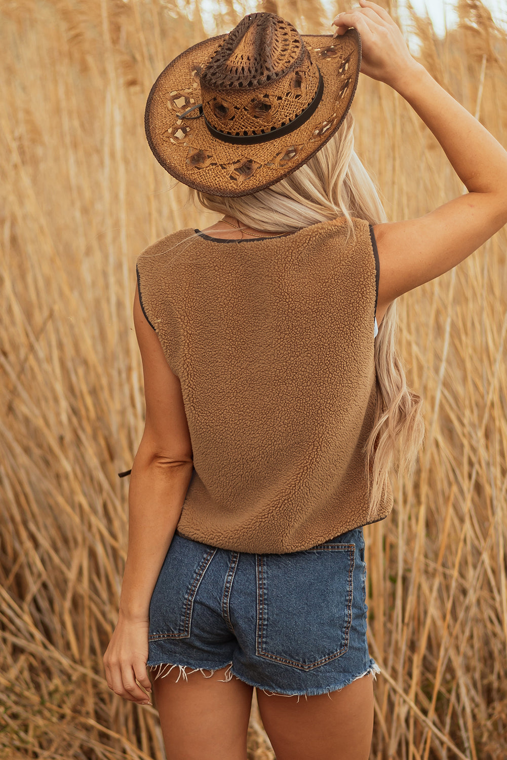 Light Brown Contrast Trim Tie Front Sherpa Vest