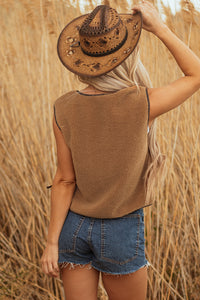 Light Brown Contrast Trim Tie Front Sherpa Vest