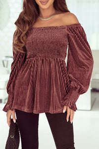 Velour Square Neck Smocked Long-sleeve Babydoll Top