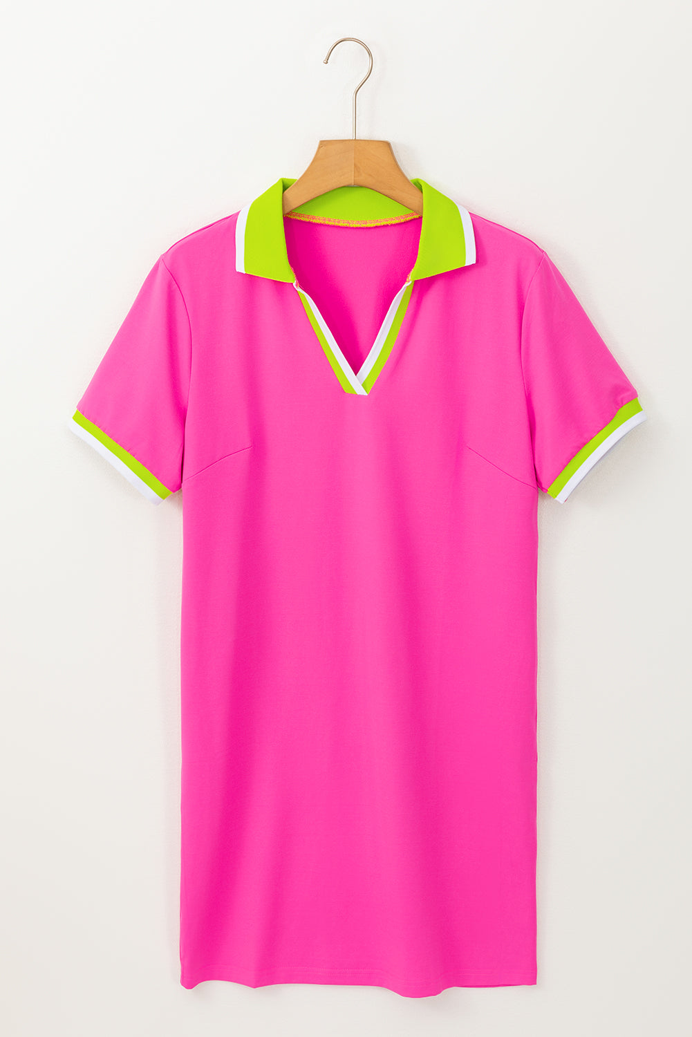 Bright Pink with Yellow Contrast Trim V-Neck T-shirt Dress